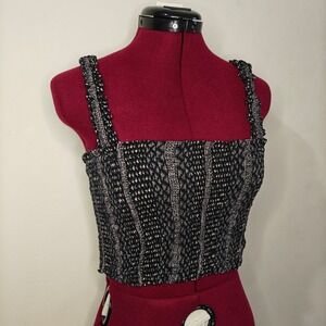 Paper Crane Womens Black Smocked Crop Top Tank Ruffle Strap Geometric Tribal M